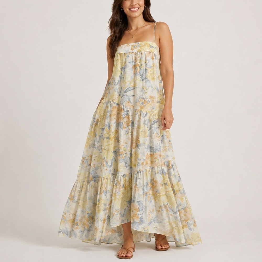 Abercrombie & Fitch Asymmetrical Floral Maxi Dress XS Cream Yellow Tiered Boho